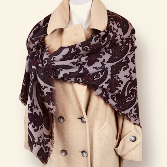 EMPORIO ARMANI VINTAGE 80s WOOL OVERSIZED SQUARE PAISLEY SHAWL SCARF IN EARTHY - Picture 8 of 13